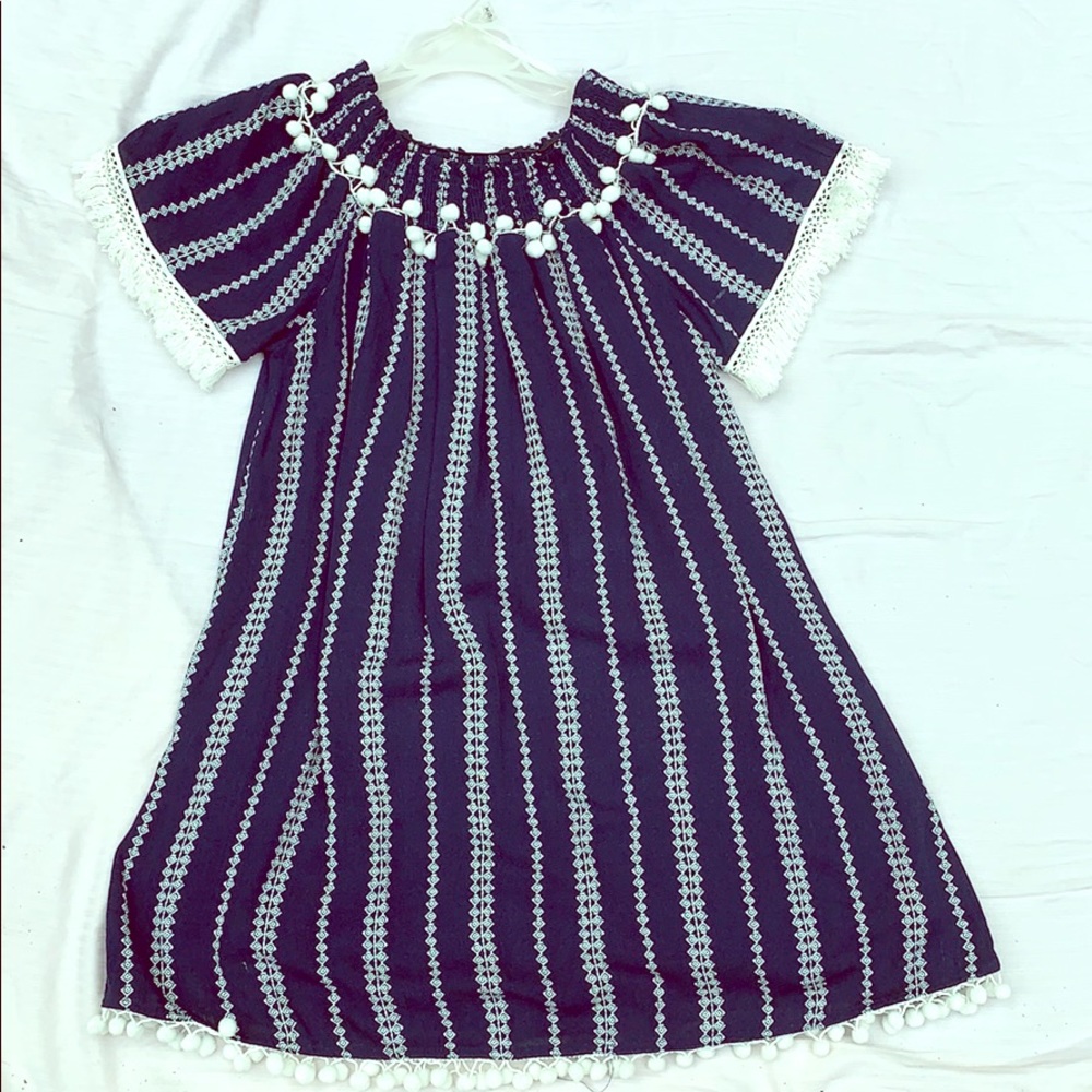 Off the shoulder navy and white dress